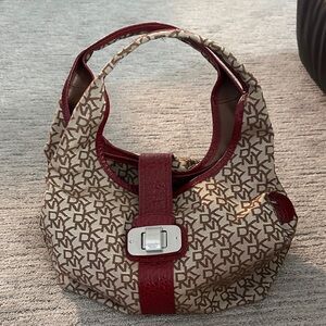 DKNY Monogrammed Tan and Red Shoulder Bag